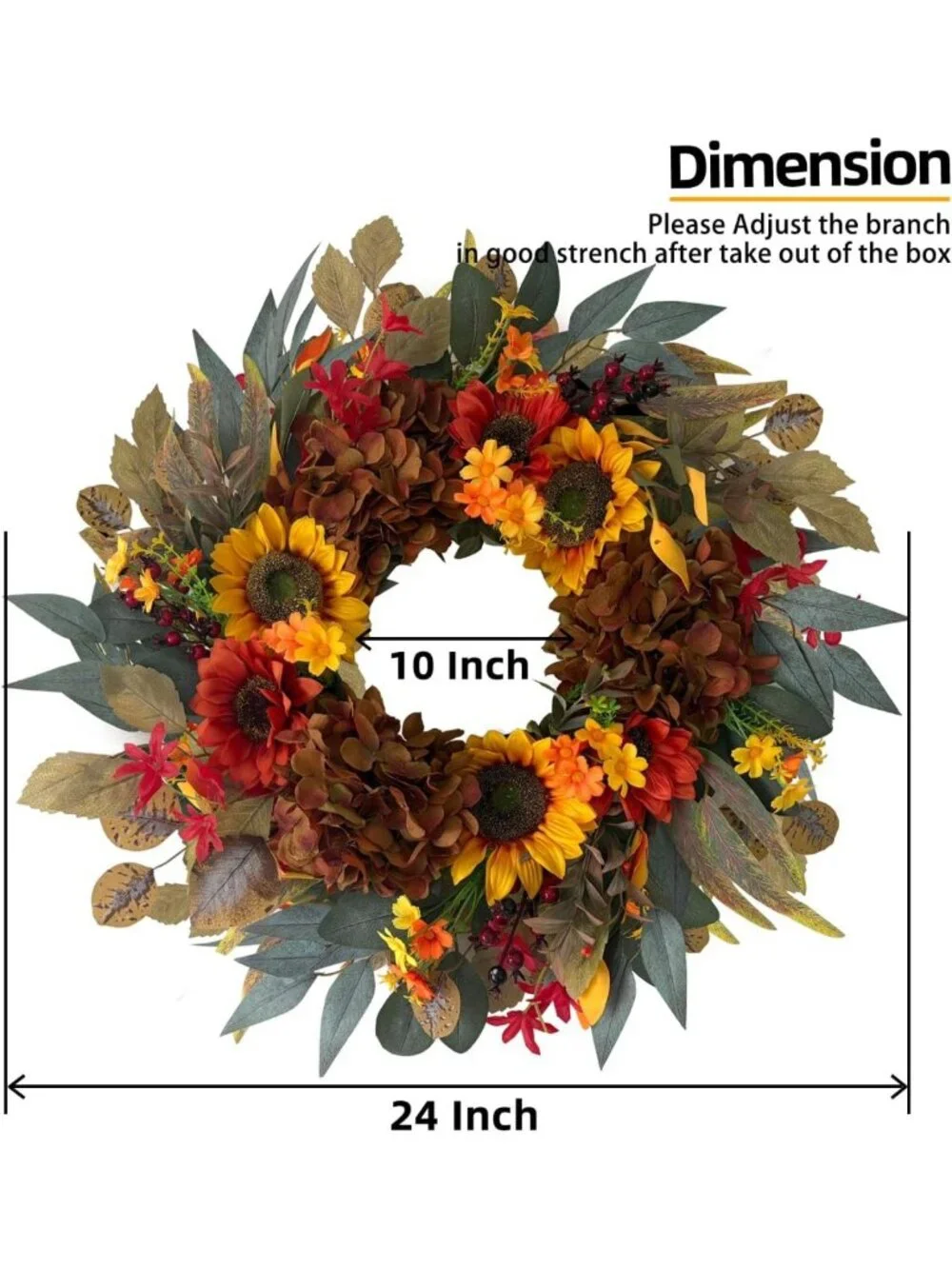 24-Inch Fall Sunflower & Hydrangea Wreath for Autumn Front Door Decor